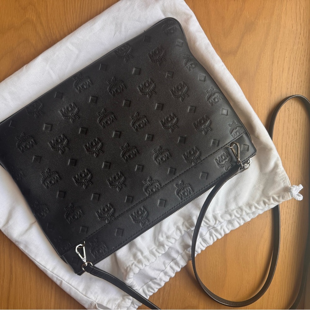 MCM Black Embossed Leather Pouch